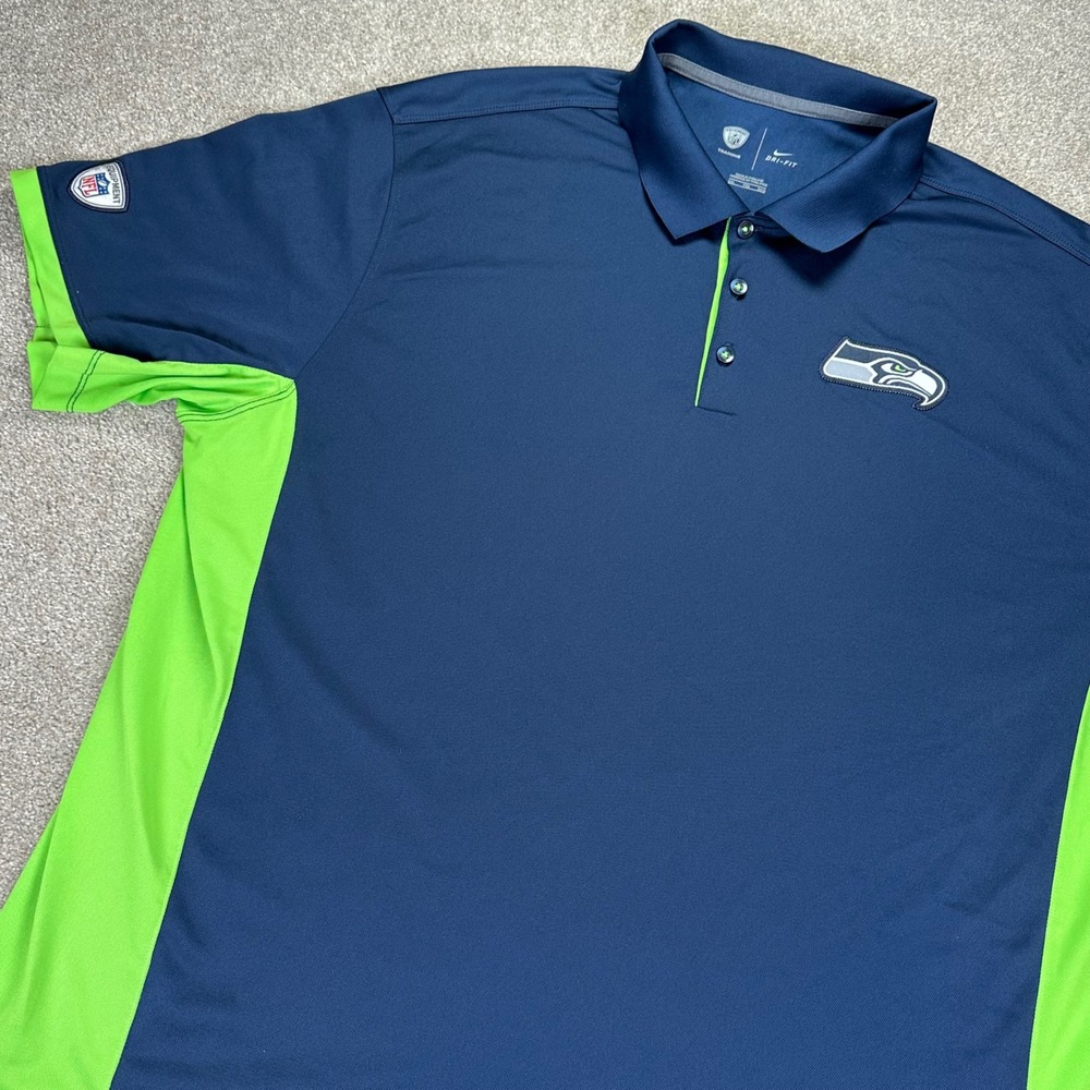 Nike Mens XXL Seattle Seahawks Polo Navy Blue Neon Green NFL Training Dri-FIT